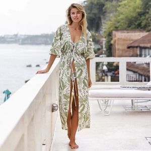 NWT Kenny Flowers The Bali Long Kimono - Green/White Size L/XL